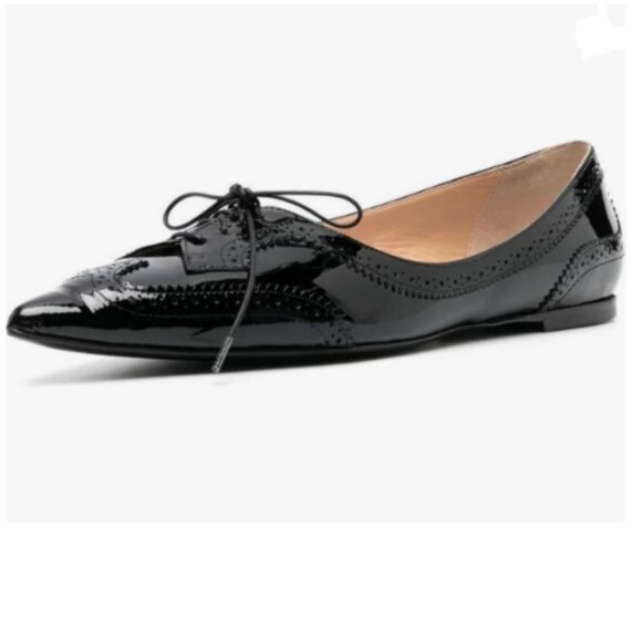 Zszszsu Black Vintage Flat Oxfords Shoes Pointed Toe Lace Up Wingtips Dress Shoe - Picture 1 of 8
